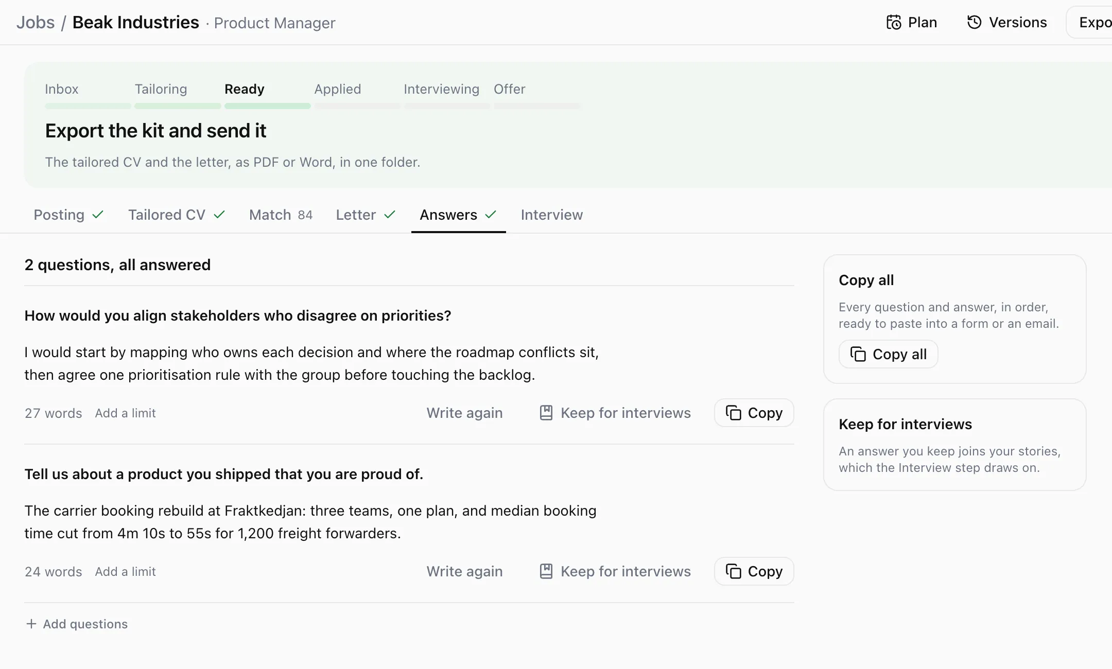 The Answers tab: two application questions answered, each with a word count and a Copy button.