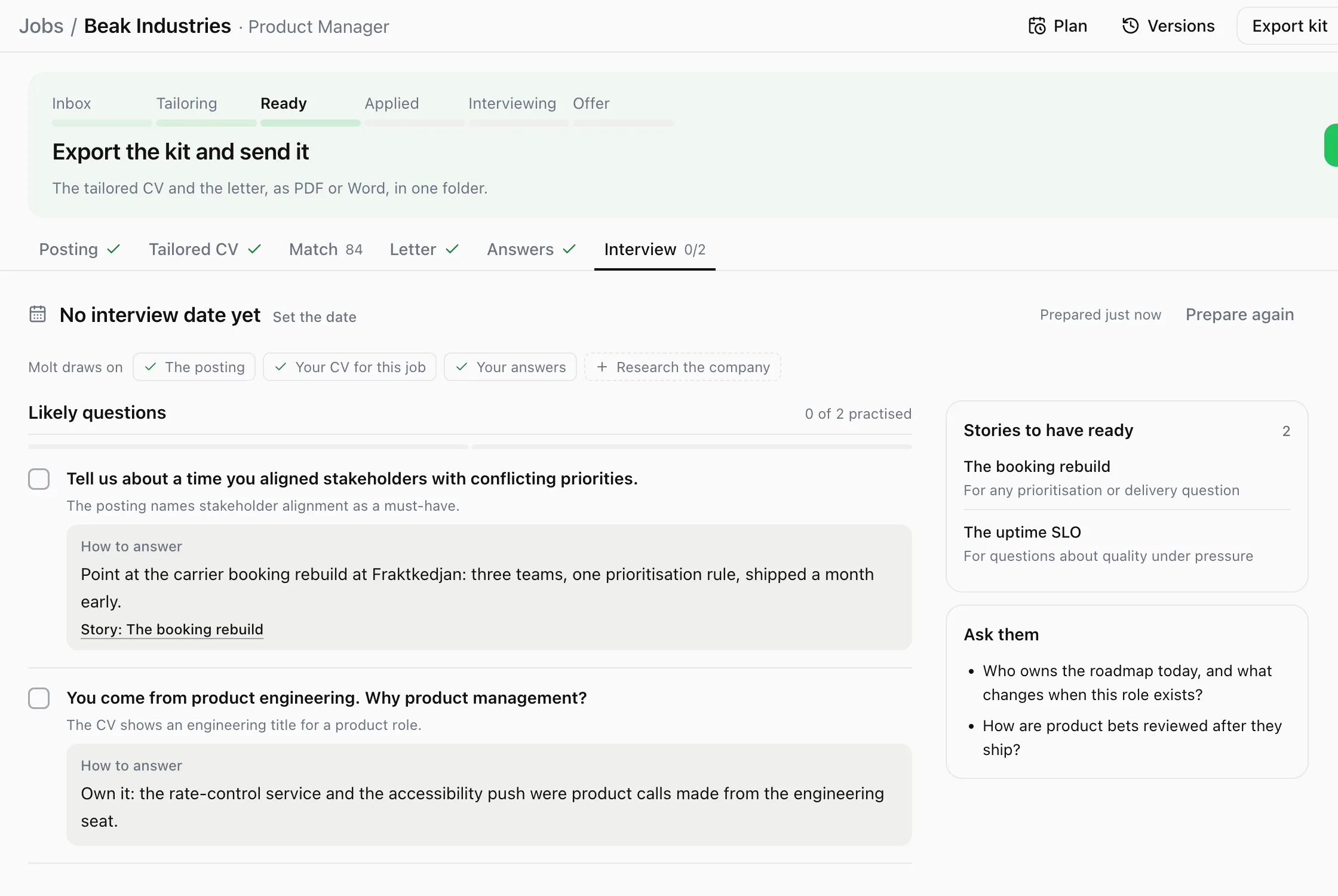 The Interview tab: likely questions with how to answer, stories to have ready, and questions to ask.