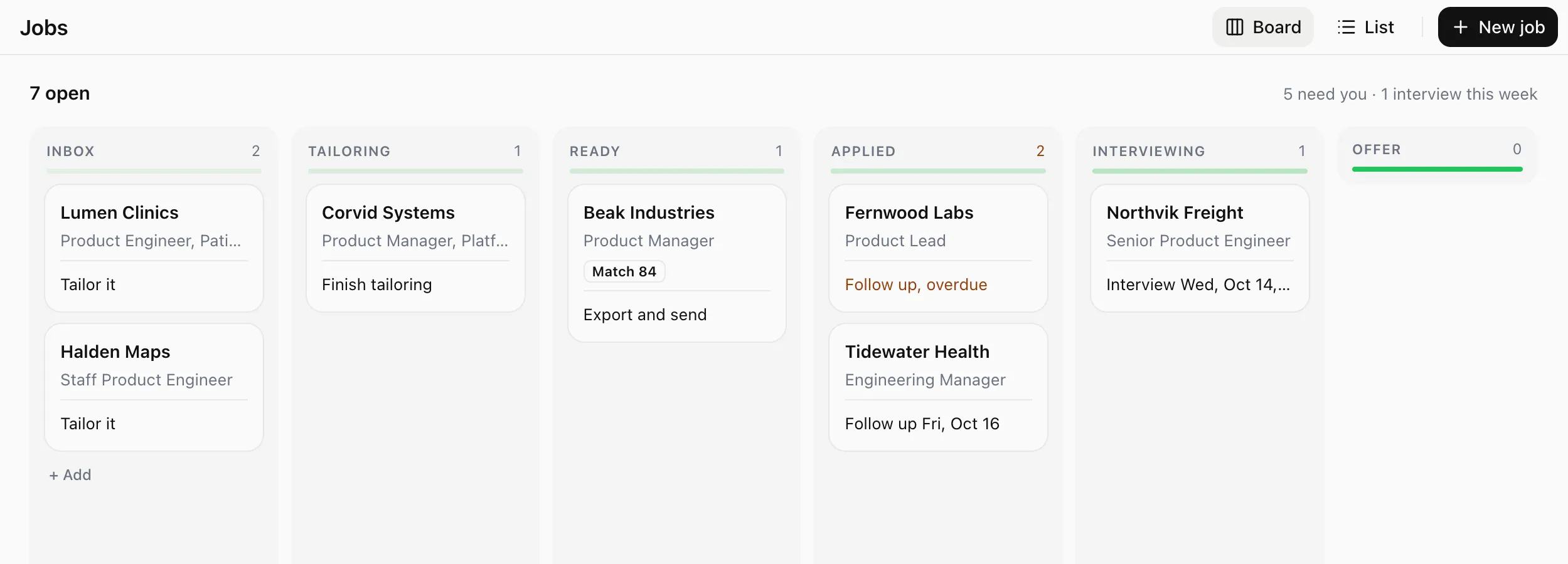 The Jobs board: seven invented applications across Inbox, Tailoring, Ready, Applied and Interviewing.