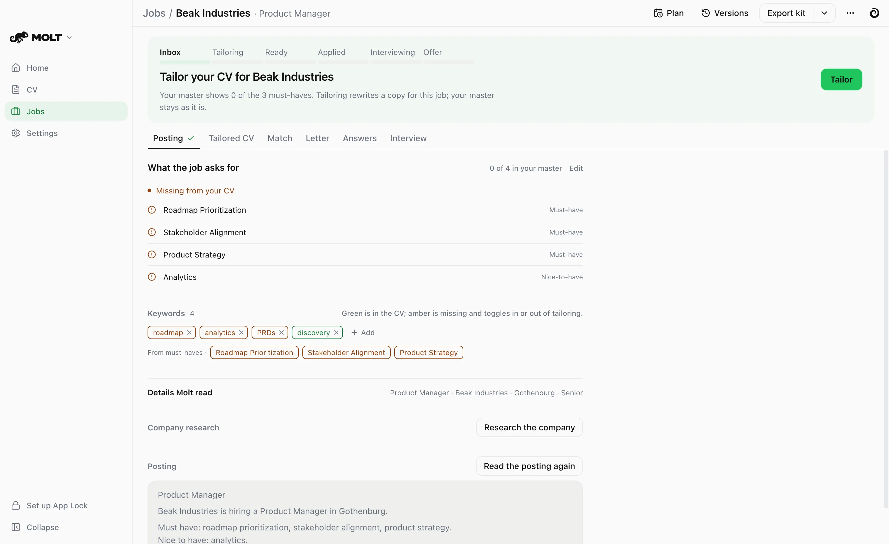The Posting tab: the must-haves from an invented job, three of them marked as missing from the CV.