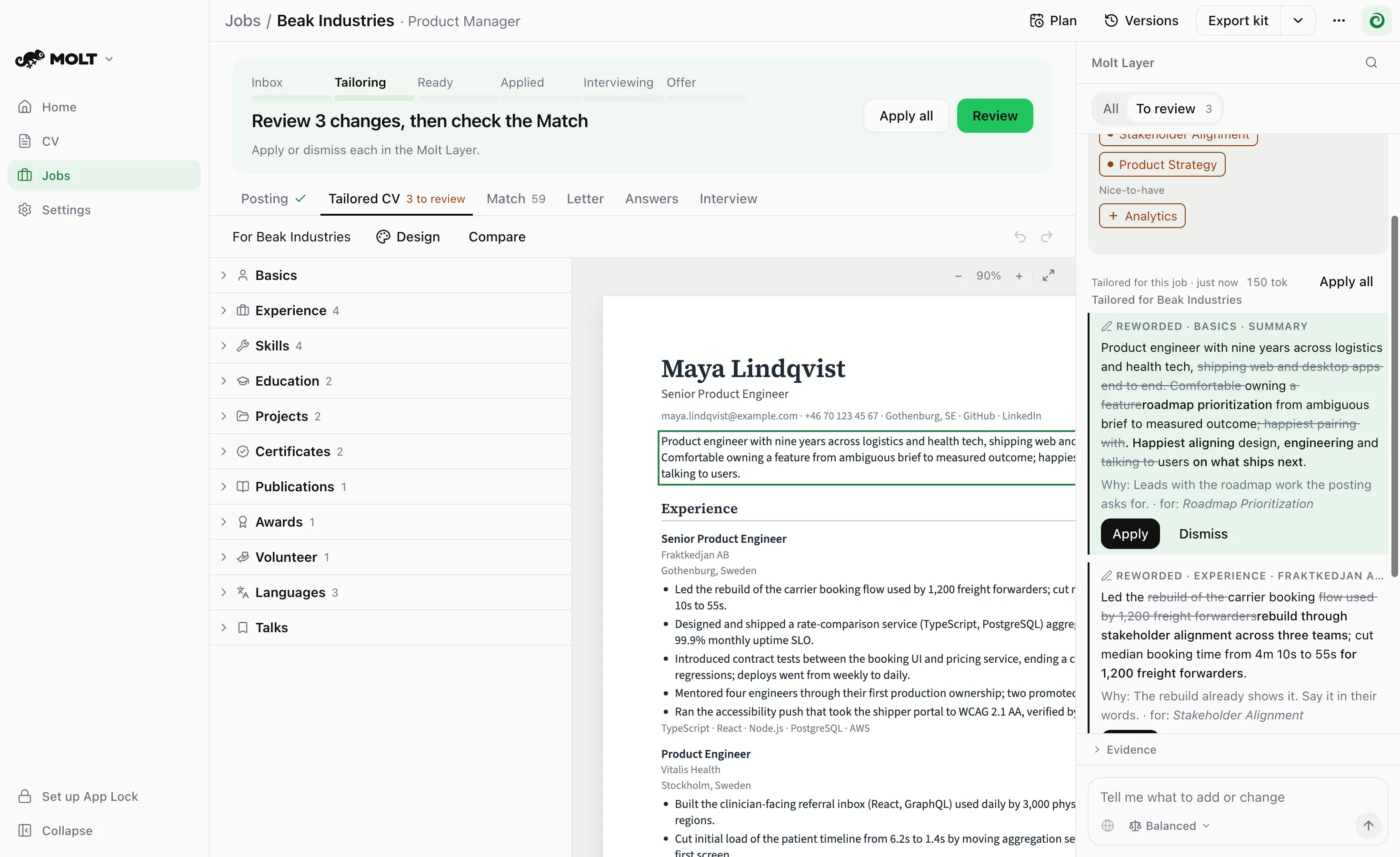 The Tailored CV tab: the CV on paper, and changes waiting in the Molt Layer, each with its reason.