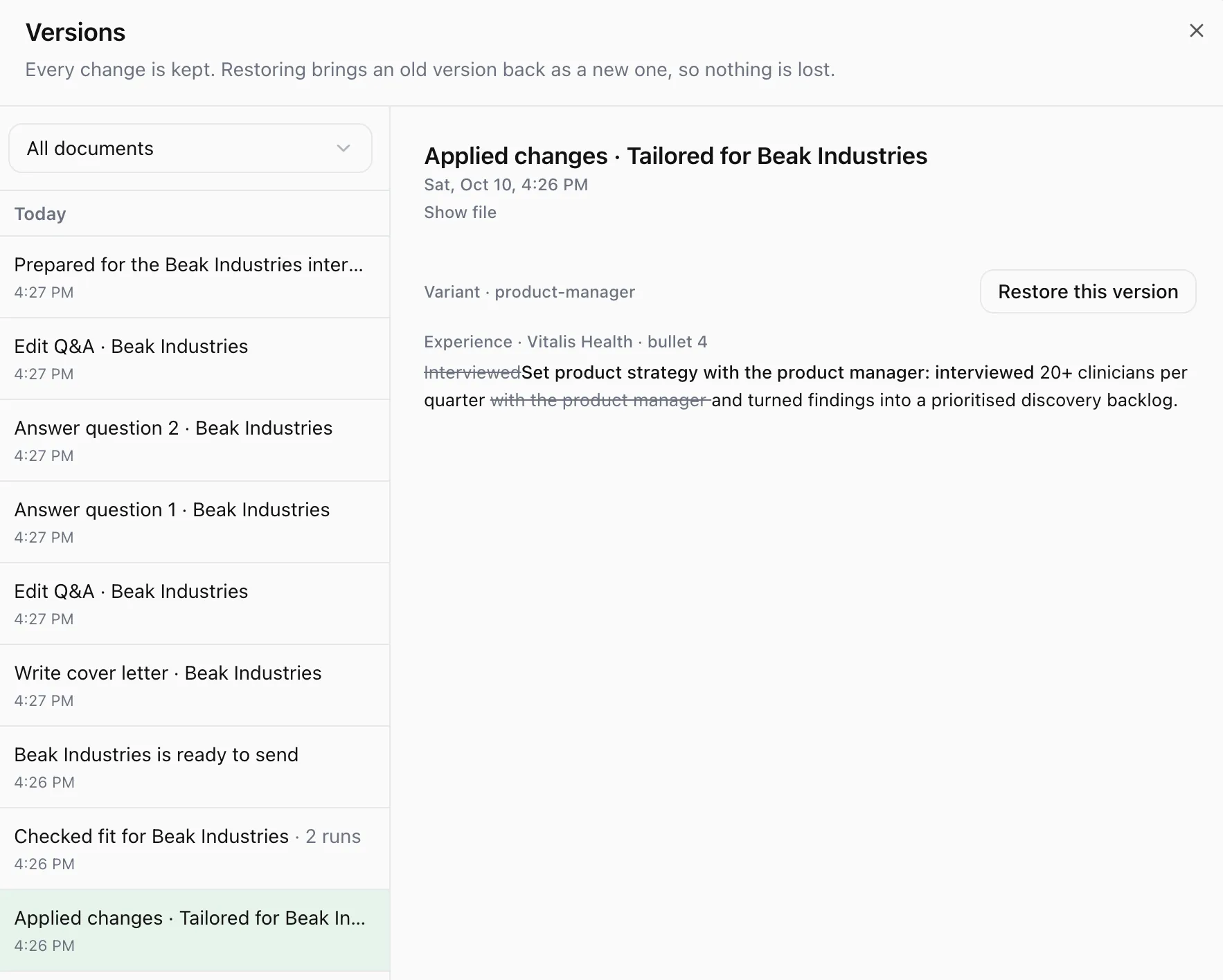 Versions: a list of every change made for one job, with a restorable word-level diff.